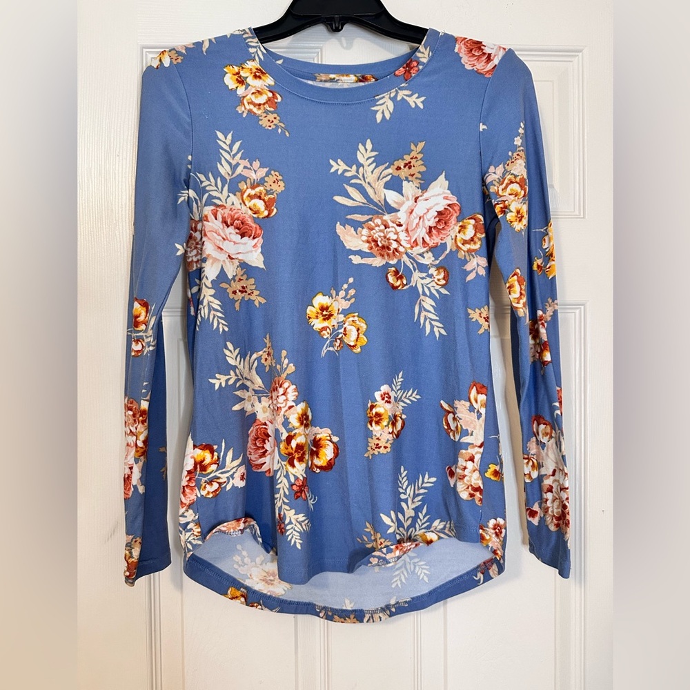 Pink Rose Blue Floral Long Sleeves Blouse Size XS
